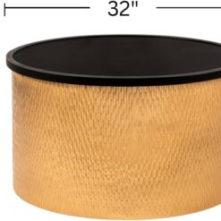 Modern Accent Cylindrical Round Coffee Table with Black Top and Hammered Gold Metal Base, Gold
