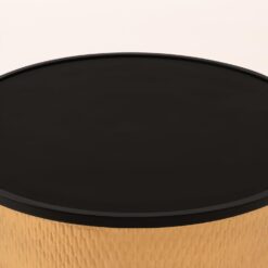 Modern Accent Cylindrical Round Coffee Table with Black Top and Hammered Gold Metal Base, Gold