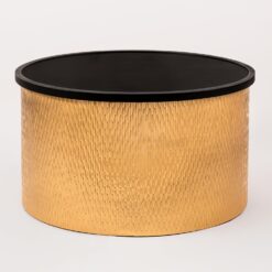 Modern Accent Cylindrical Round Coffee Table with Black Top and Hammered Gold Metal Base, Gold
