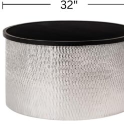 Modern Accent Cylindrical Round Coffee Table with Black Top and Hammered Gold Metal Base, Silver