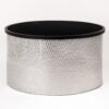 Modern Accent Cylindrical Round Coffee Table with Black Top and Hammered Gold Metal Base, Silver