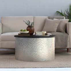 Modern Accent Cylindrical Round Coffee Table with Black Top and Hammered Gold Metal Base, Silver