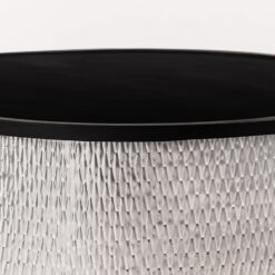 Modern Accent Cylindrical Round Coffee Table with Black Top and Hammered Gold Metal Base, Silver