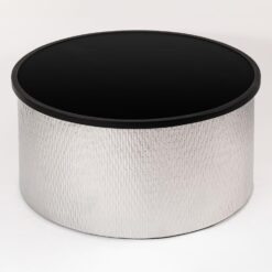 Modern Accent Cylindrical Round Coffee Table with Black Top and Hammered Gold Metal Base, Silver