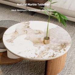 Luxury Solid Wood Coffee Table with Hidden Drawer, Fully Assembled Square Center Table for Living Room, Raised Edge Design, No Installation Needed, Premium Walnut Finish (Round Coffee Table)