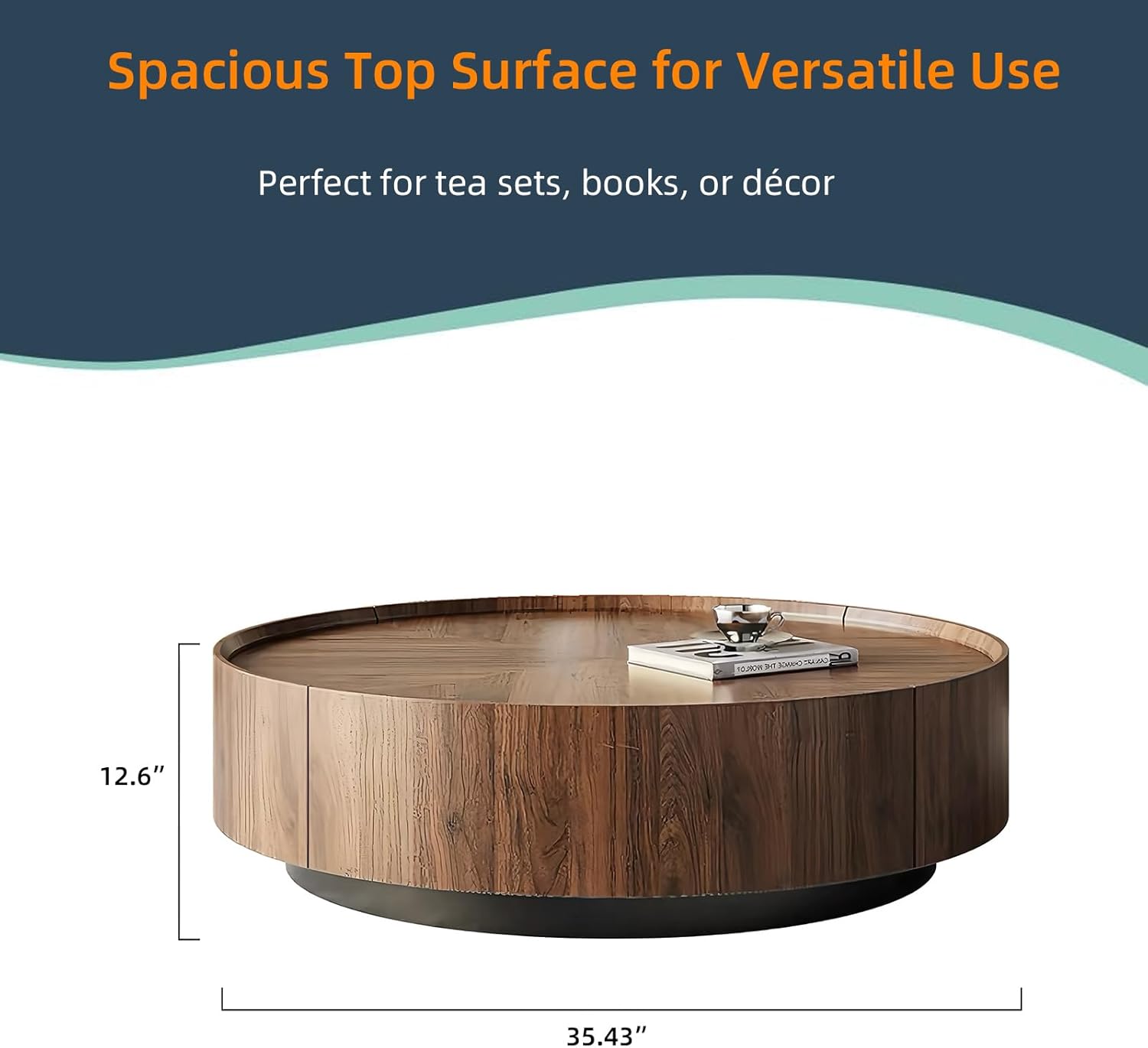 ASTMZIO Luxury Solid Wood Coffee Table with Hidden Drawer, Premium Walnut Finish (35.43" Round Coffee Table)