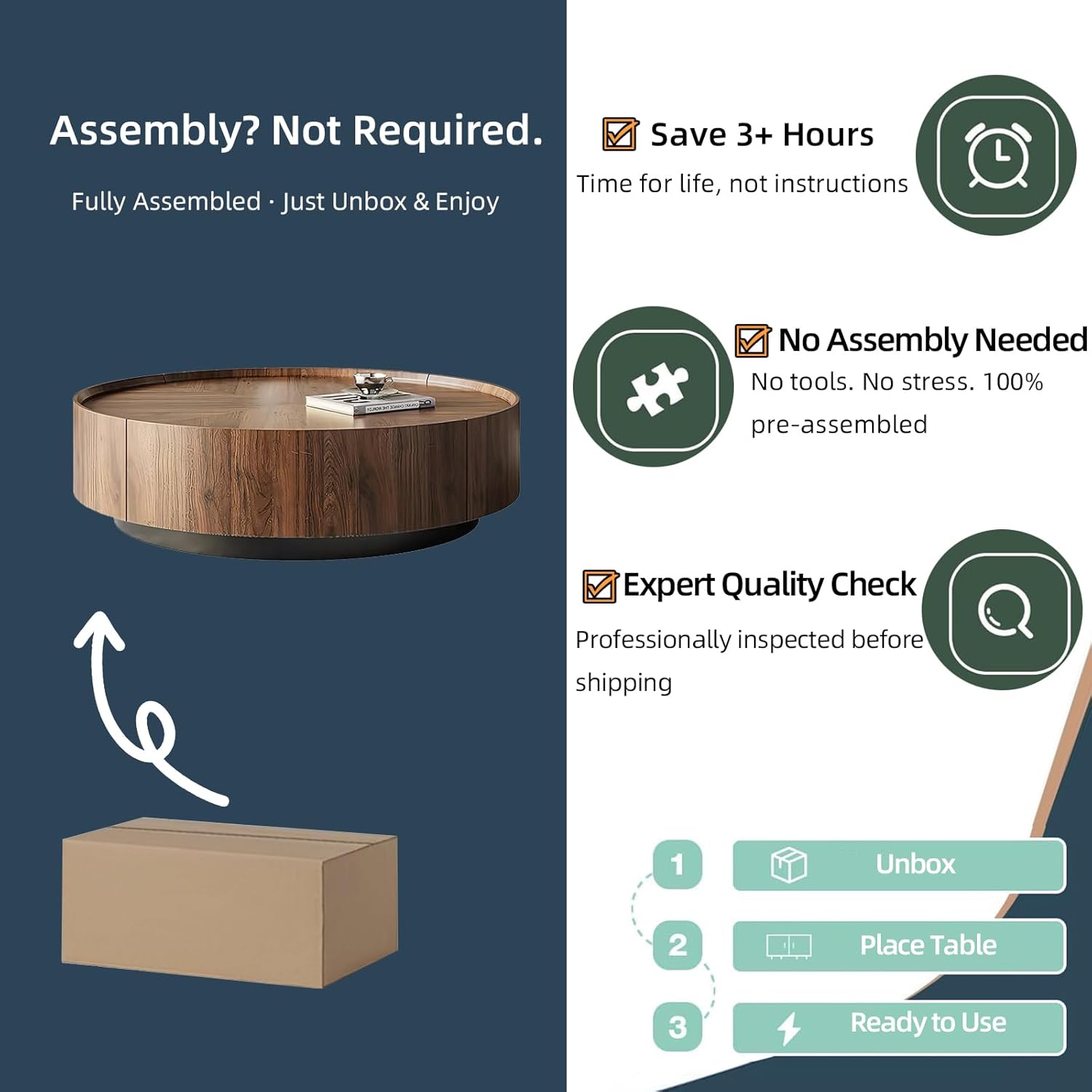ASTMZIO Luxury Solid Wood Coffee Table with Hidden Drawer, Premium Walnut Finish (35.43" Round Coffee Table)