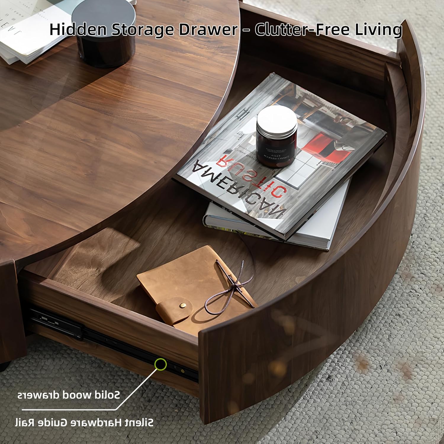 ASTMZIO Luxury Solid Wood Coffee Table with Hidden Drawer, Premium Walnut Finish (35.43" Round Coffee Table)