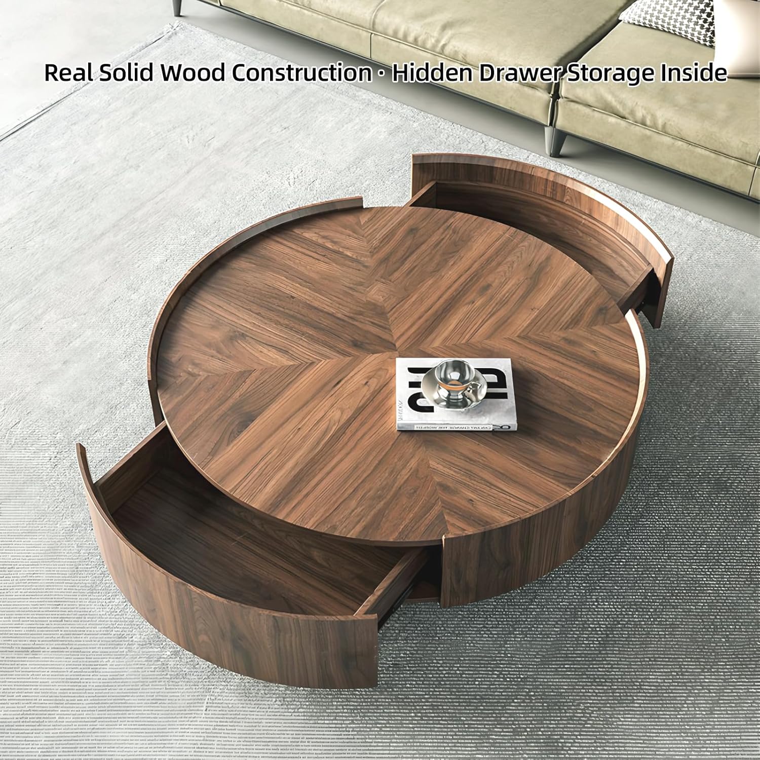 ASTMZIO Luxury Solid Wood Coffee Table with Hidden Drawer, Premium Walnut Finish (35.43" Round Coffee Table)