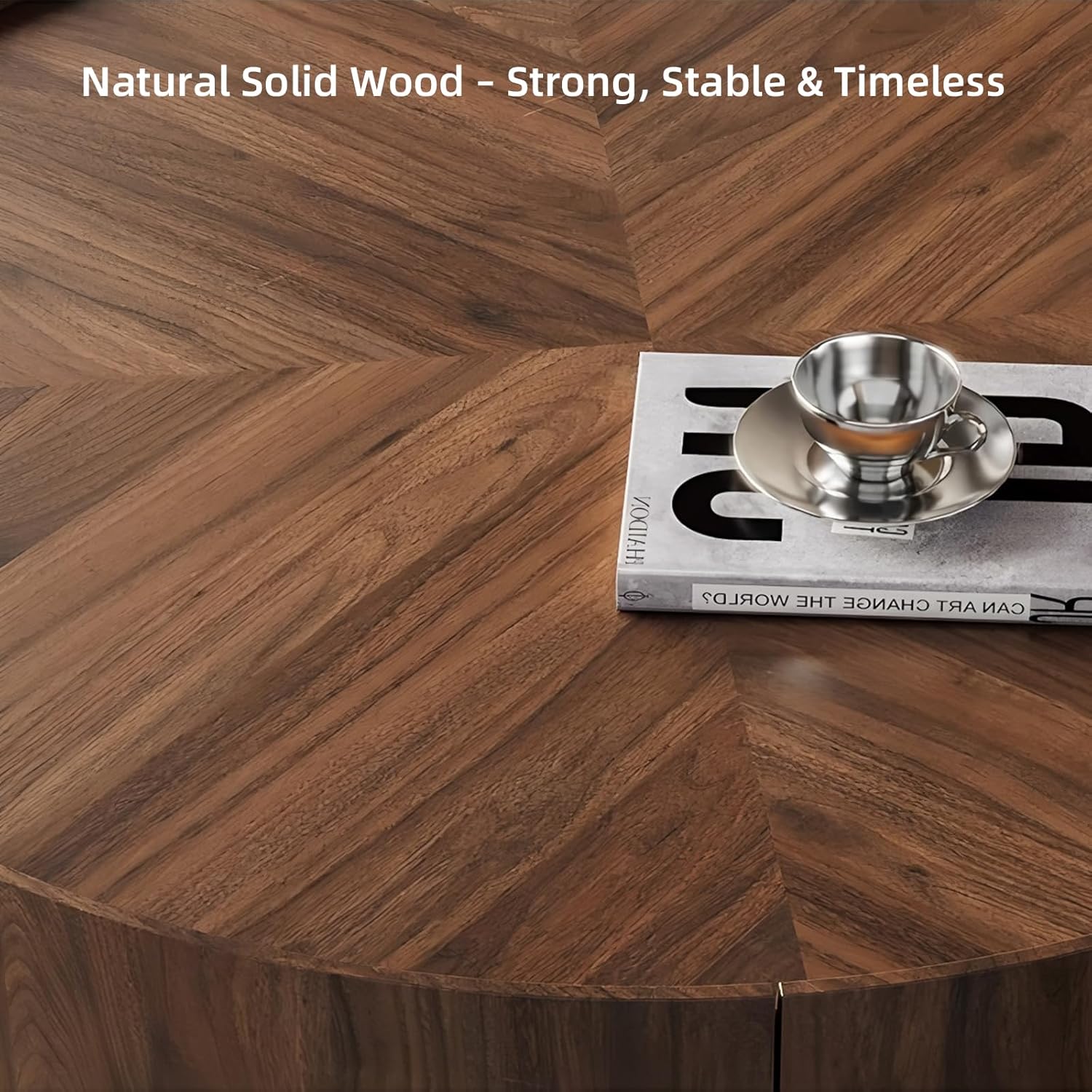 ASTMZIO Luxury Solid Wood Coffee Table with Hidden Drawer, Premium Walnut Finish (35.43" Round Coffee Table)