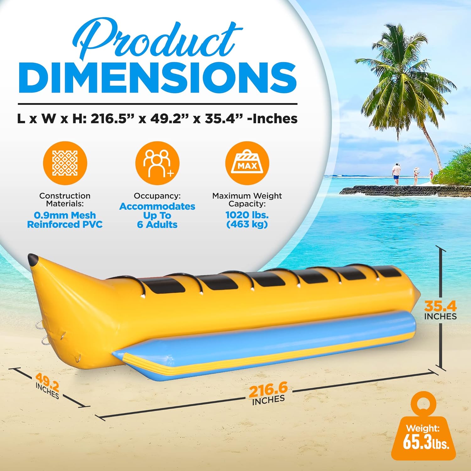 SereneLife Person Inflatable Banana Boat, Tough and Thick, Reinforced Seats and Foot Areas, 6 Riders