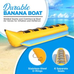 SereneLife Person Inflatable Banana Boat, Tough and Thick, Reinforced Seats and Foot Areas, 6 Riders