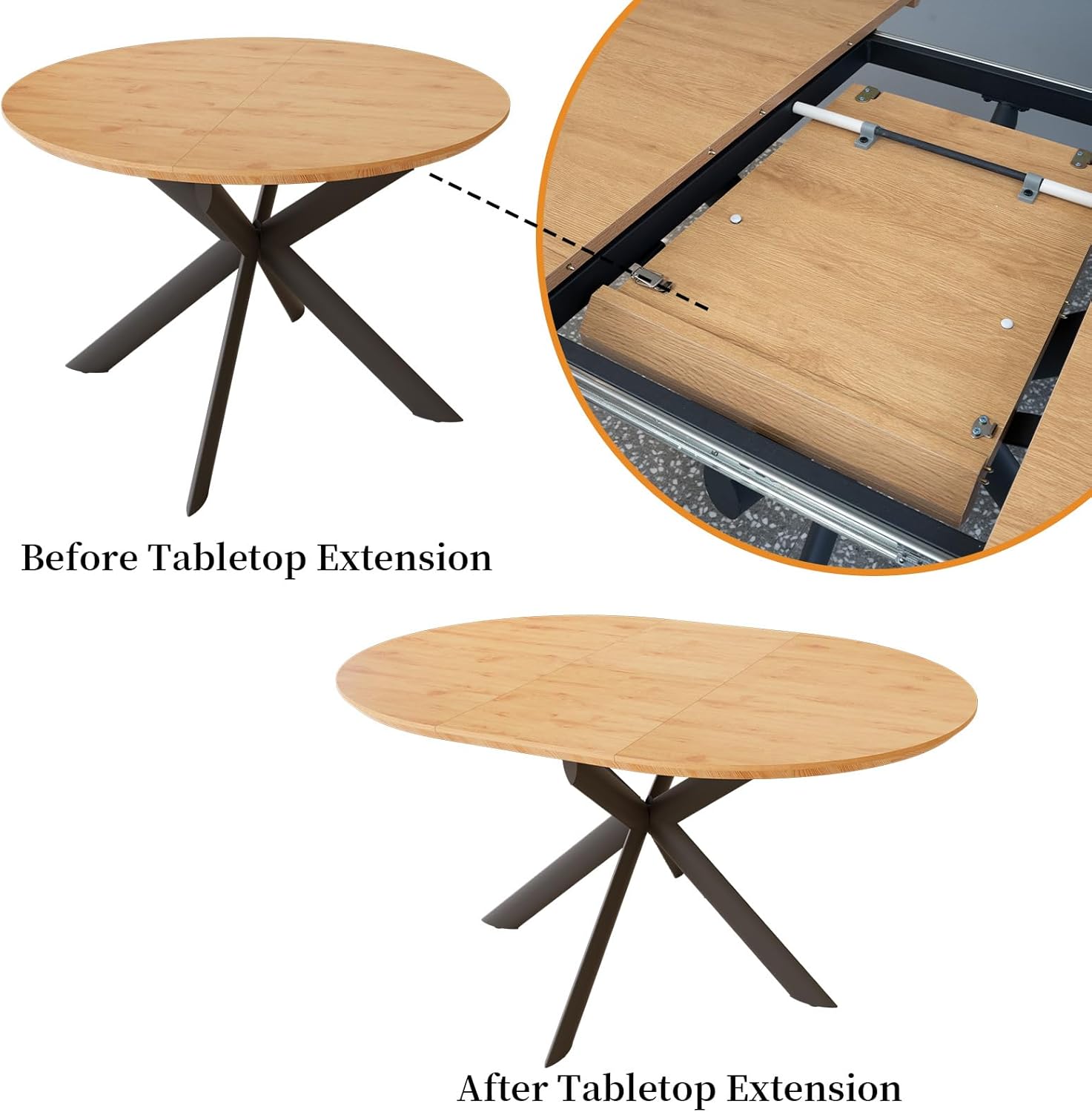 HIPIHOM 43.2"-59.1" Extendable Round Dining Table Set, Round Table for 4-6 Person, Oak Coffee Table w/Metal Legs