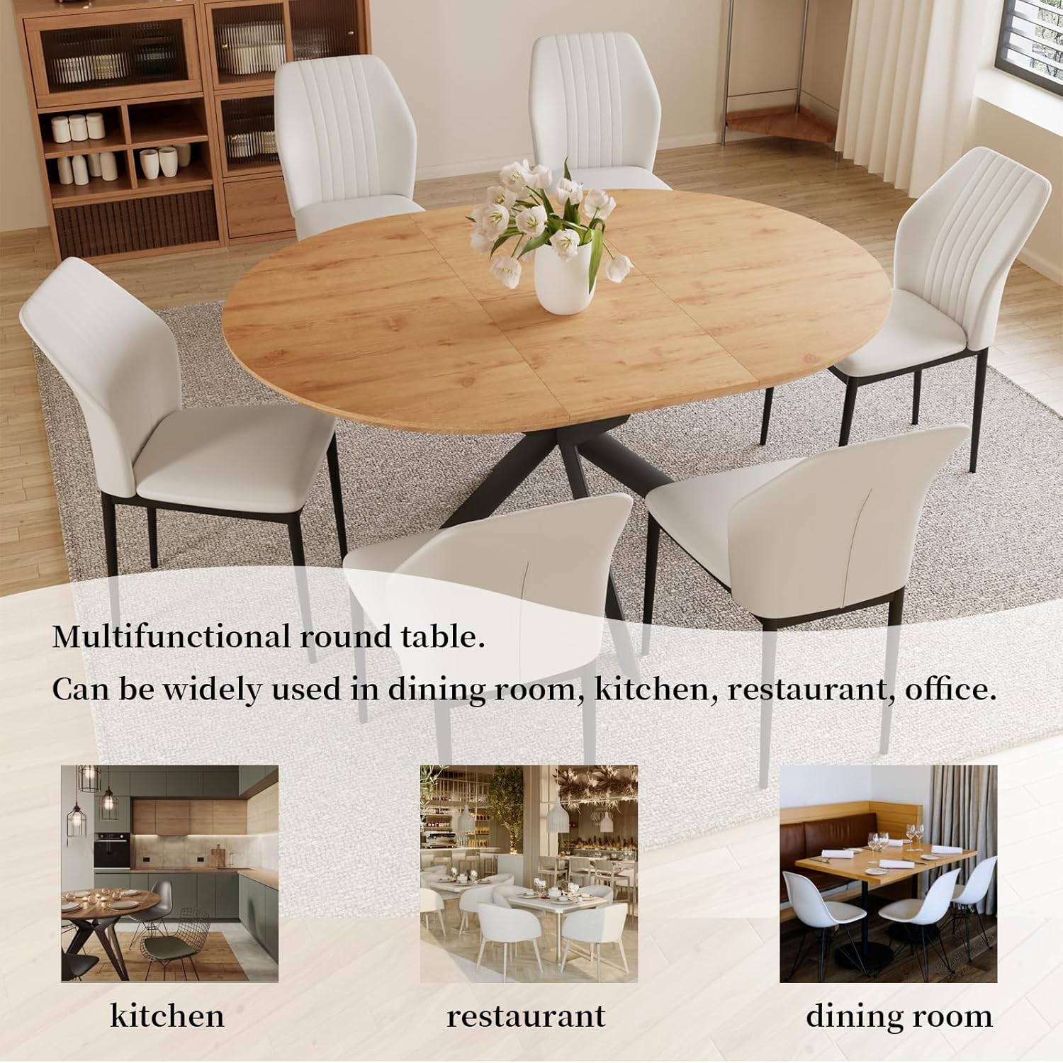 HIPIHOM 43.2"-59.1" Extendable Round Dining Table Set, Round Table for 4-6 Person, Oak Coffee Table w/Metal Legs