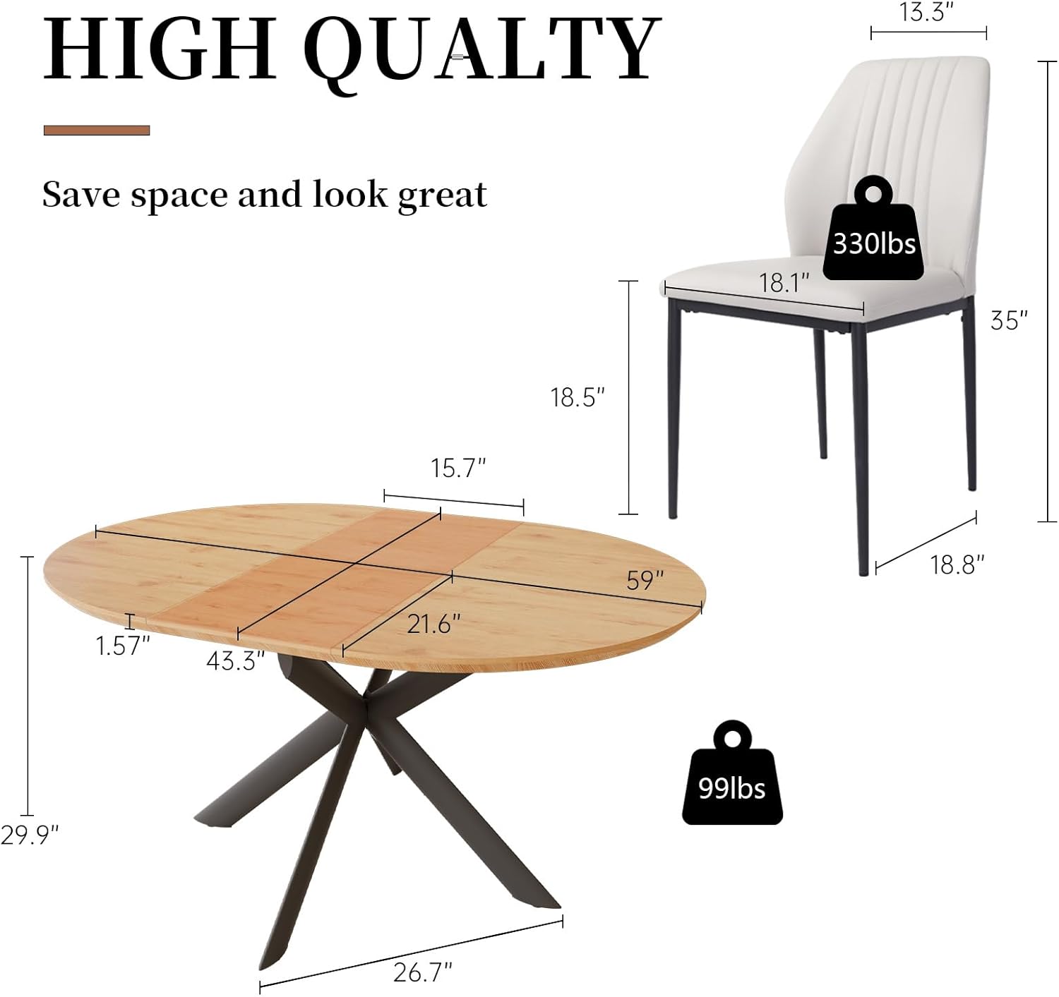 HIPIHOM 43.2"-59.1" Extendable Round Dining Table Set, Round Table for 4-6 Person, Oak Coffee Table w/Metal Legs