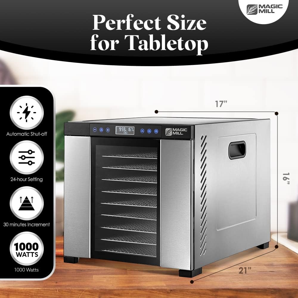 Magic Mill Food Dehydrator Machine, 11 Stainless Steel Trays, Adjustable Timer and Temperature Control, Safety Over Heat Protection