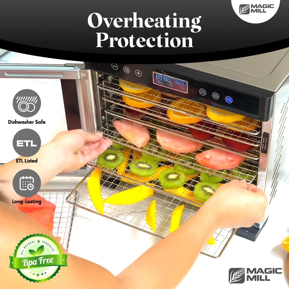 Magic Mill Food Dehydrator Machine, 11 Stainless Steel Trays, Adjustable Timer and Temperature Control, Safety Over Heat Protection