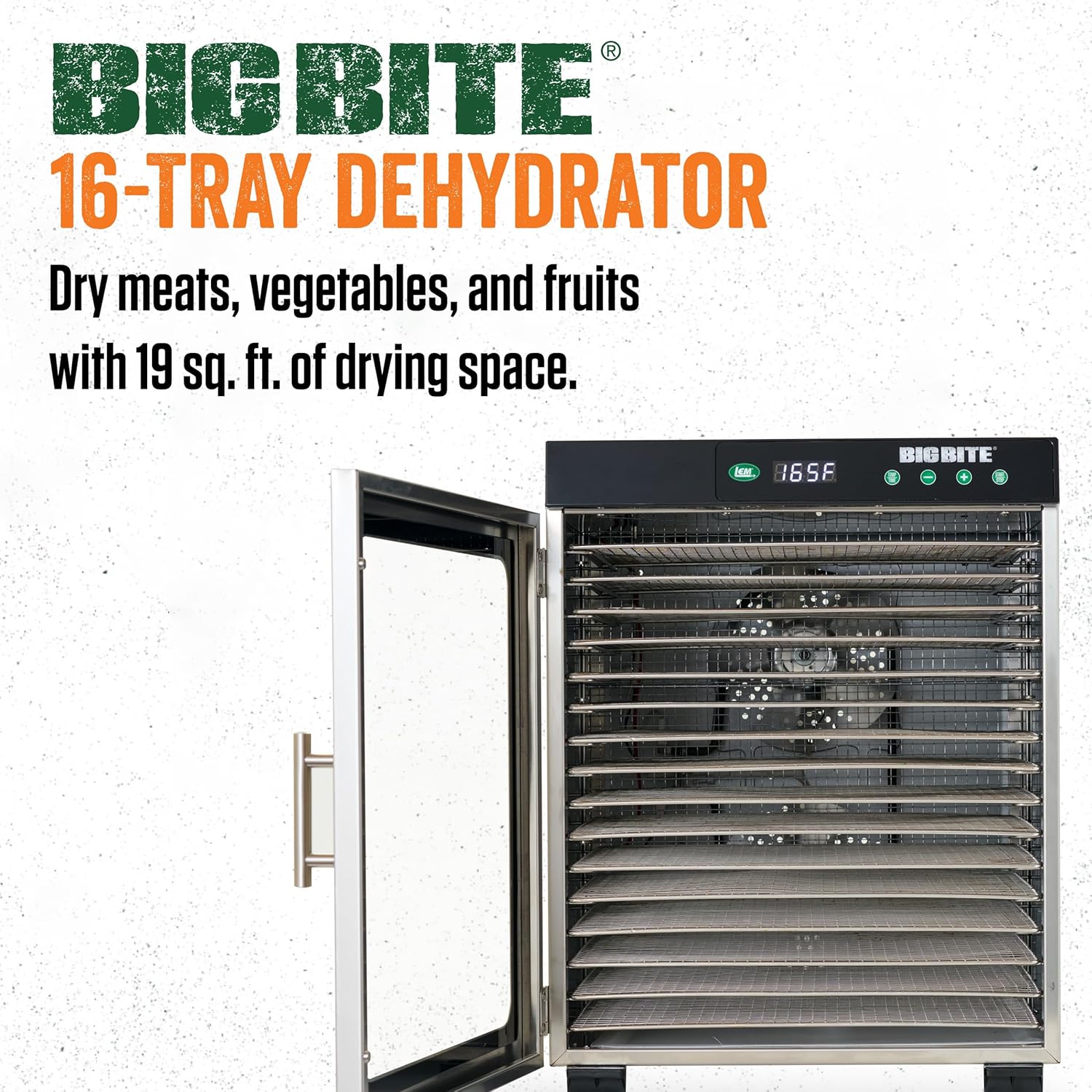 LEM Products BigBite 16-Tray Stainless Steel Dehydrator, Includes Dryer Machine and 16 Trays, Silver