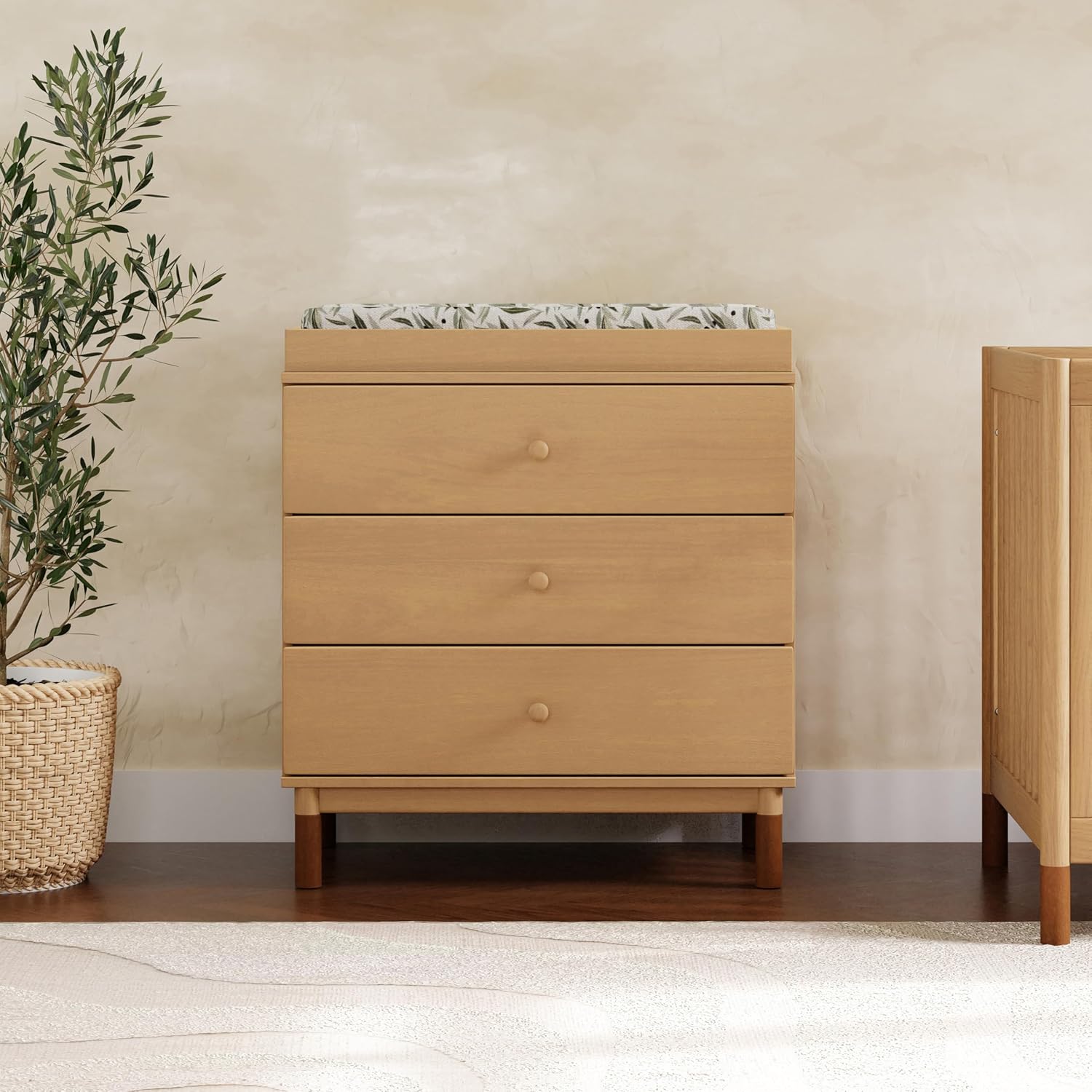 Babyletto Gelato 3-Drawer Changer Dresser with Removable Changing Tray in Honey with Vegan Tan Leather Feet, Greenguard Gold Certified