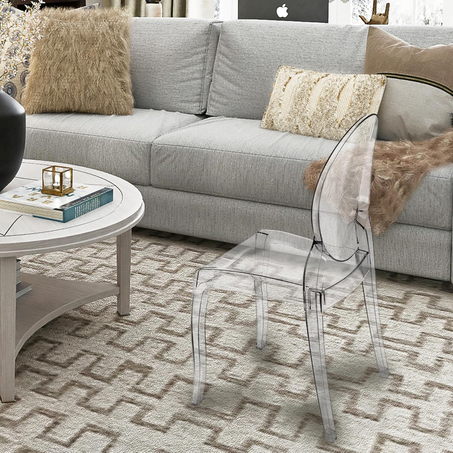 Fohfurniture FOH Set of 4 Large Clear Ghost Dining Chairs, Oval Back Stackable Acrylic Chairs, Circle-back Large