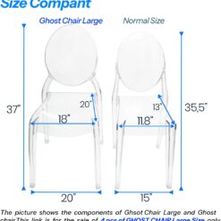 Fohfurniture FOH Set of 4 Large Clear Ghost Dining Chairs, Oval Back Stackable Acrylic Chairs, Circle-back Large