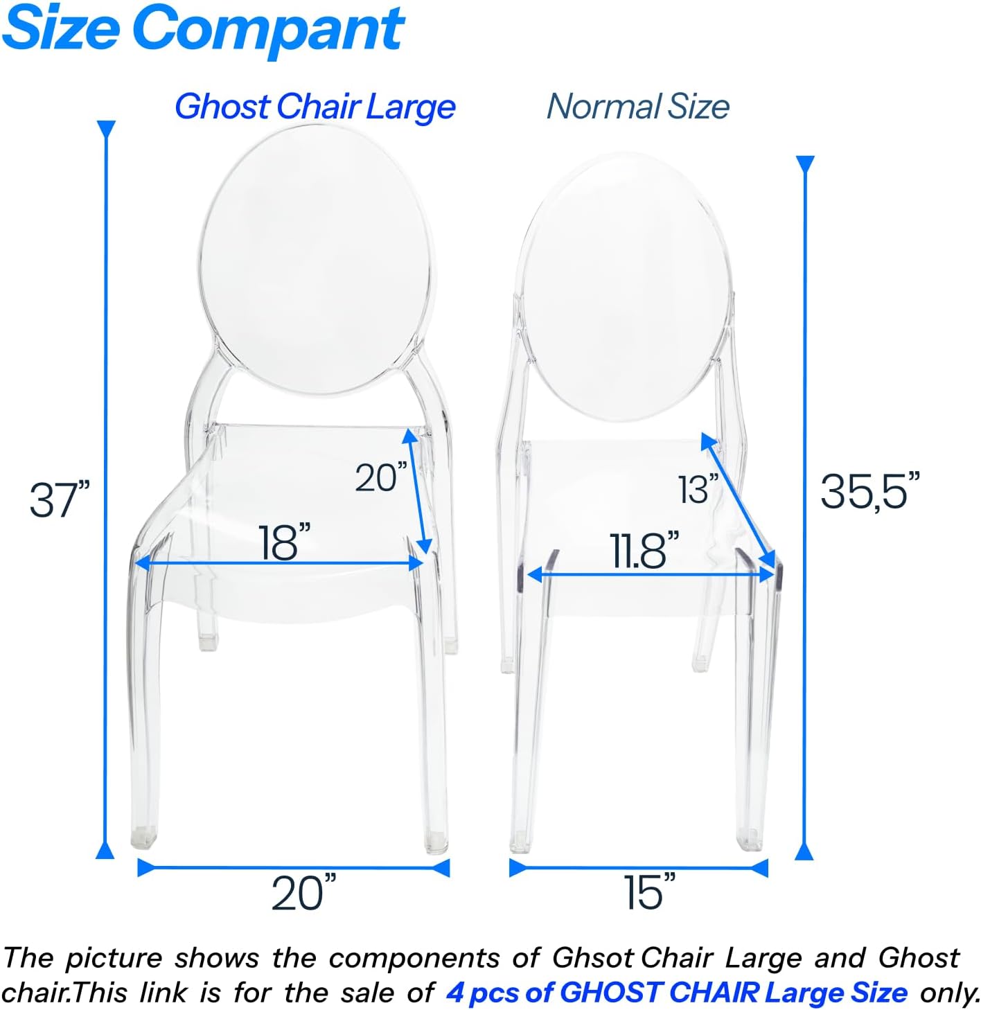 Fohfurniture FOH Set of 4 Large Clear Ghost Dining Chairs, Oval Back Stackable Acrylic Chairs, Circle-back Large