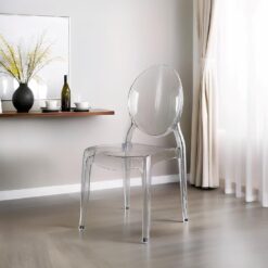 Fohfurniture FOH Set of 4 Large Clear Ghost Dining Chairs, Oval Back Stackable Acrylic Chairs, Circle-back Large