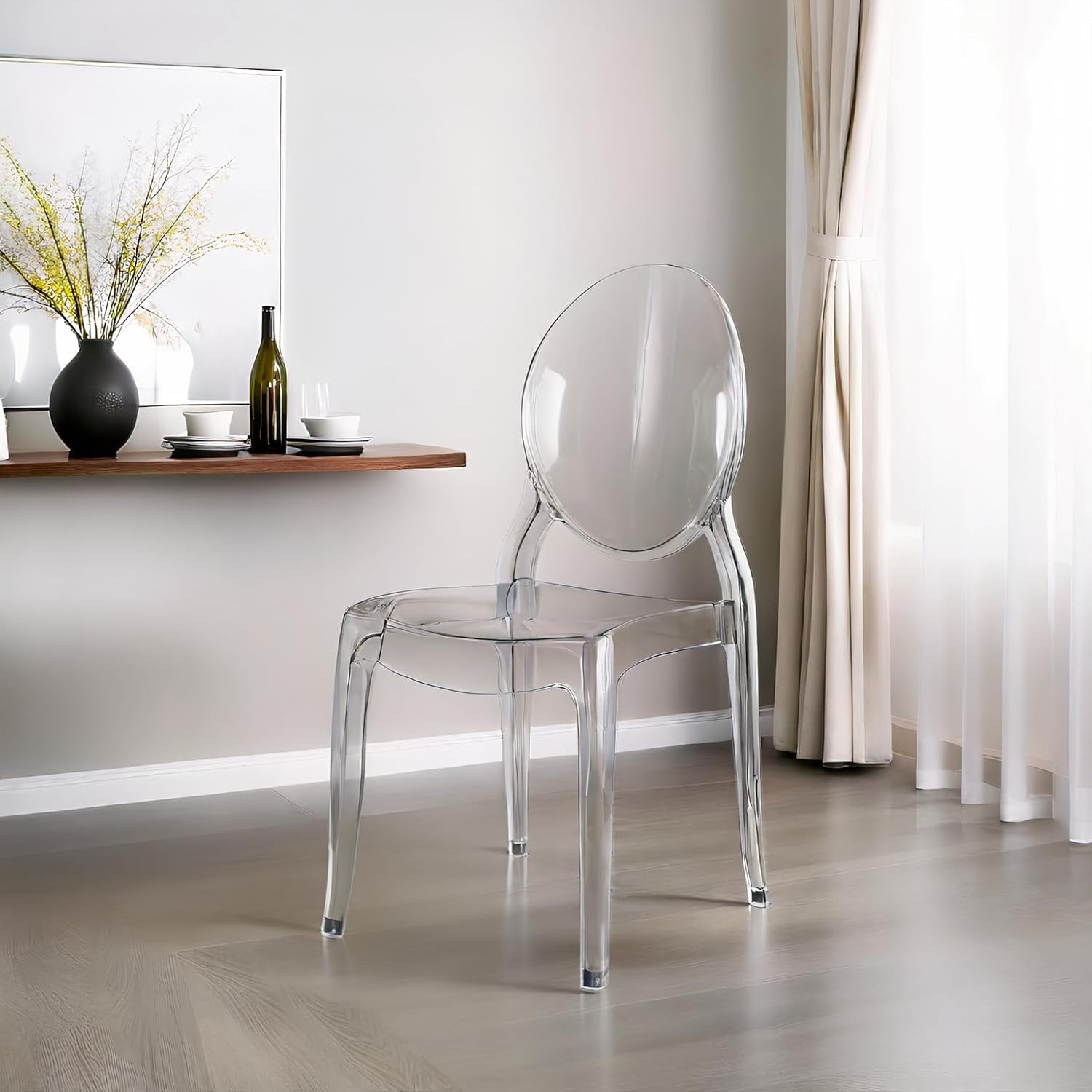 Fohfurniture FOH Set of 4 Large Clear Ghost Dining Chairs, Oval Back Stackable Acrylic Chairs, Circle-back Large