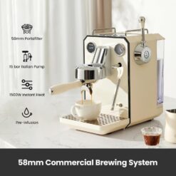 Gemilai Owl Espresso Machine, 15 Bar Professional Semi-Automatic Espresso Maker, G3006, Ivory White