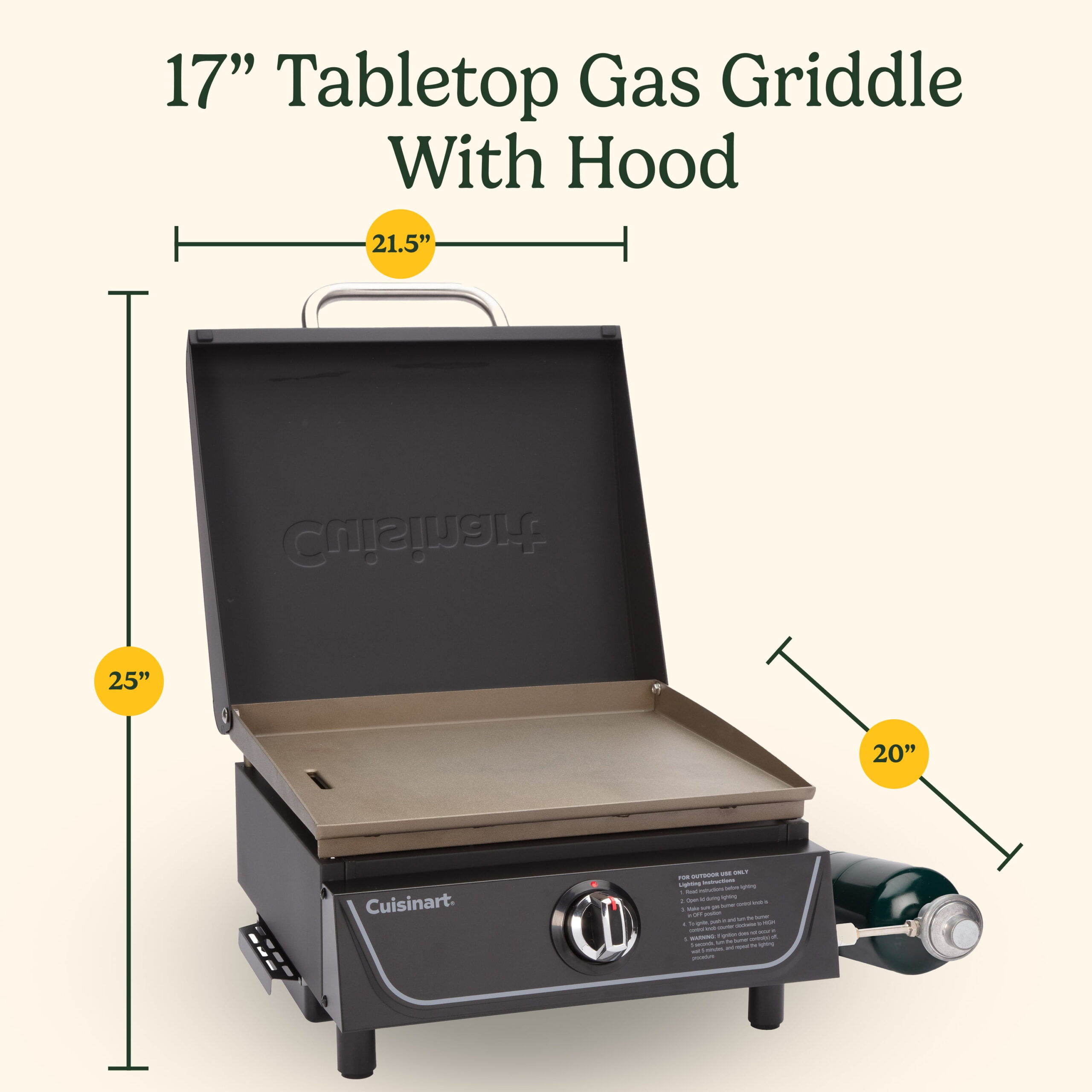Cuisinart 17” Tabletop Gas Griddle with Hood, Easy Assembly, Outdoor Flat-Top, 255 Sq. In Cooking Space