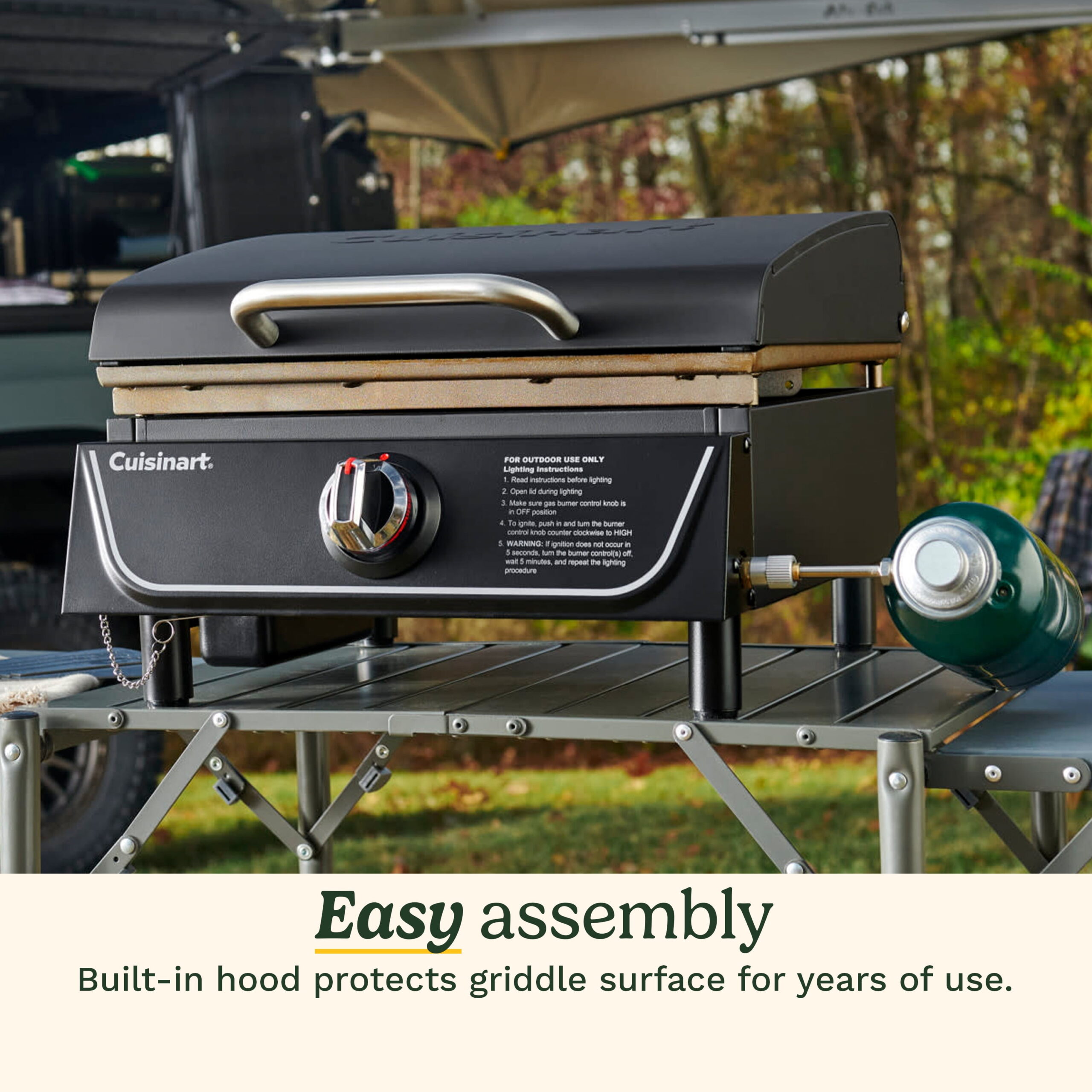 Cuisinart 17” Tabletop Gas Griddle with Hood, Easy Assembly, Outdoor Flat-Top, 255 Sq. In Cooking Space