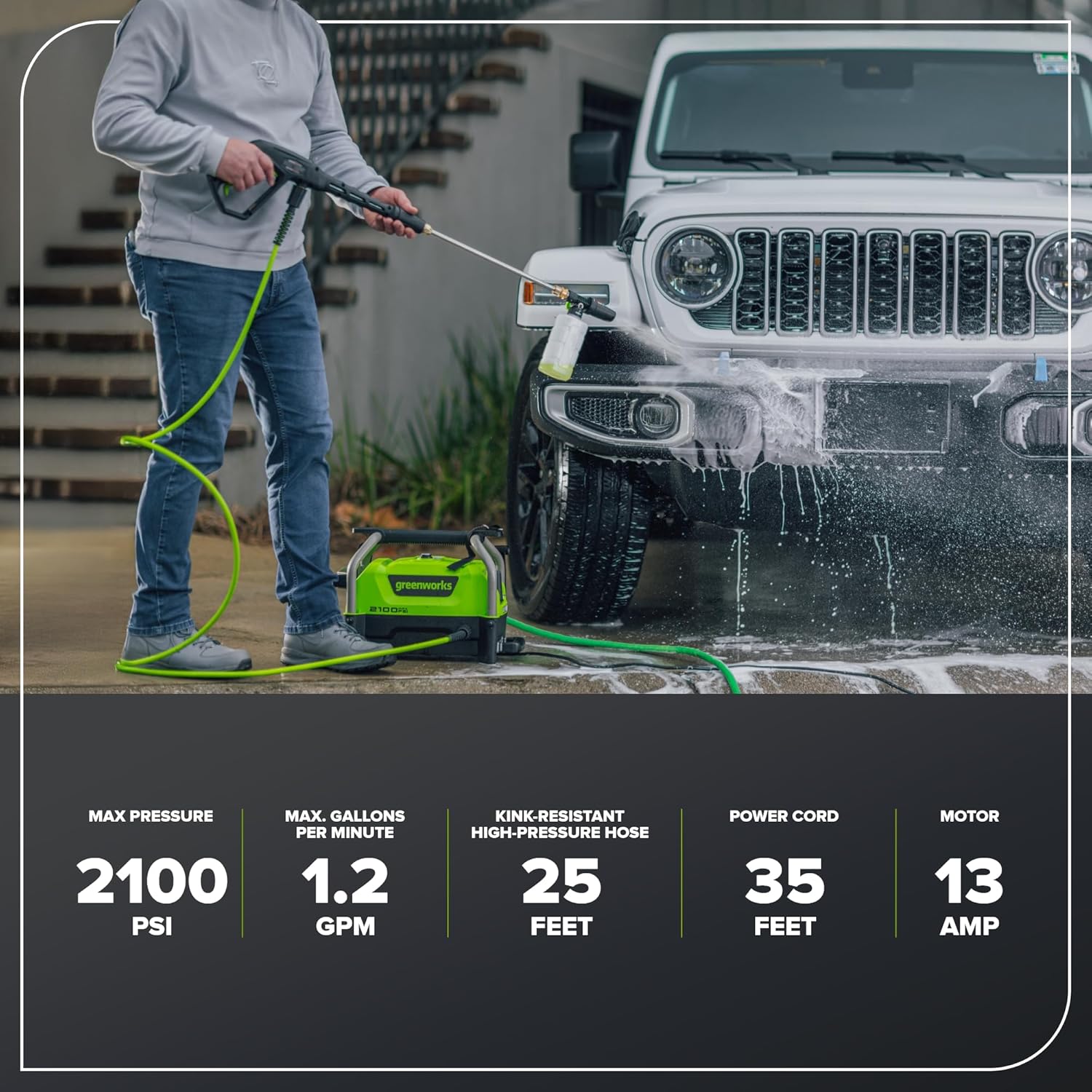 Greenworks 2100 PSI (SGS Certified) 1.2 GPM 13Amp Compact Electric Pressure Washer Telescoping Handle Power Washer