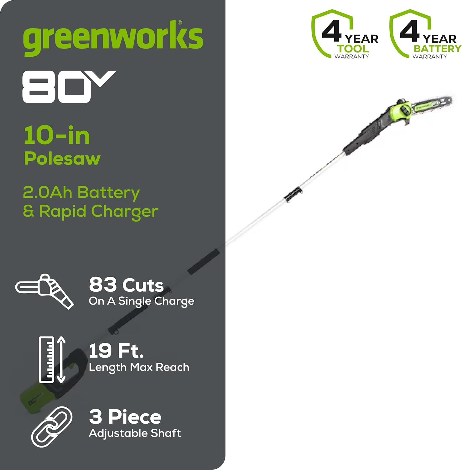 Greenworks 80V 10" Cordless Polesaw, 2.0Ah Battery and Charger Included