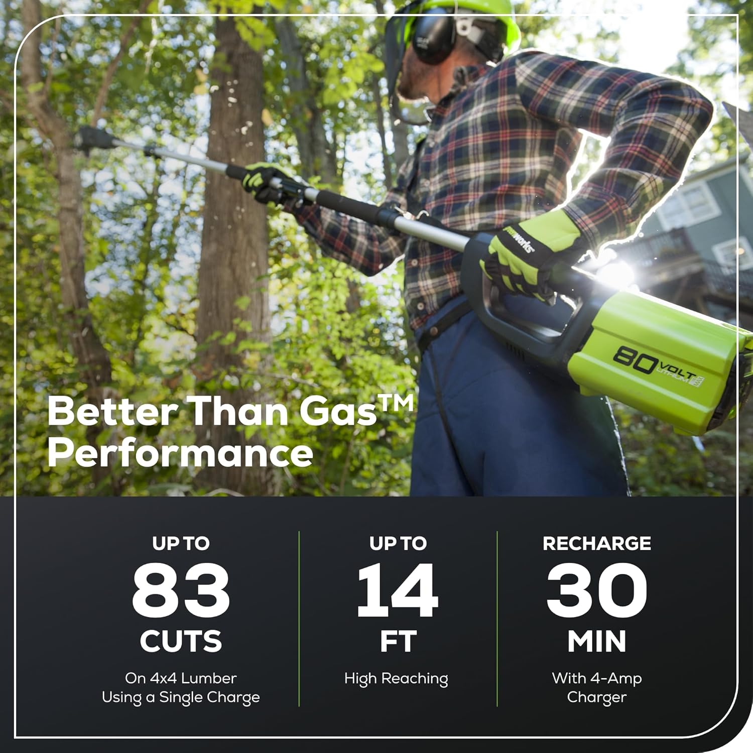 Greenworks 80V 10" Cordless Polesaw, 2.0Ah Battery and Charger Included