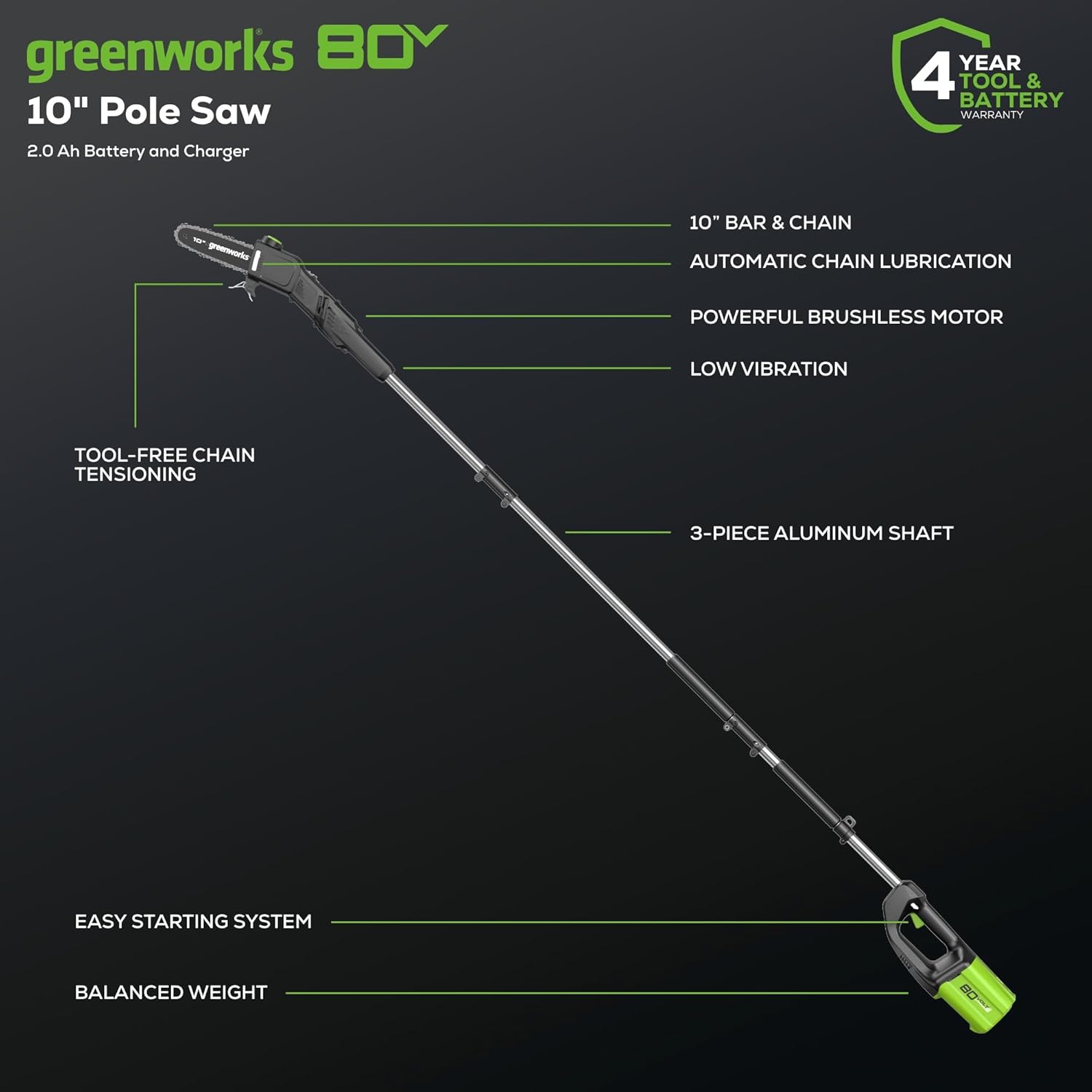 Greenworks 80V 10" Cordless Polesaw, 2.0Ah Battery and Charger Included