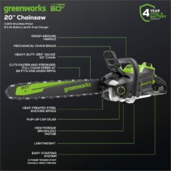 Greenworks 60V 20" Chainsaw, 8.0Ah Battery