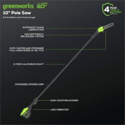 Greenworks 60v Pro 10-Inch Cordless Pole Saw with 2Ah Battery & 3A Charger 13m/s Cutting Speed, Brushless Motor, Auto Oiling