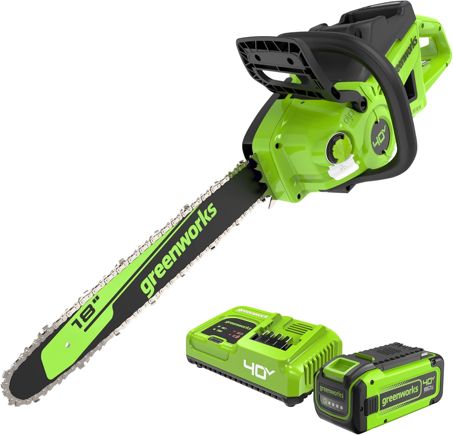 Greenworks 40V 18" Brushless Cordless Chainsaw, 8.0Ah Battery and Rapid Charger Included