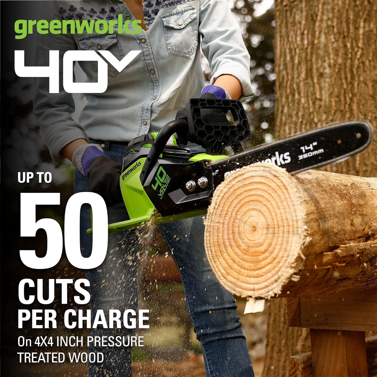 Greenworks 40V 14" Chainsaw, 2.5Ah USB Battery and Charger Included