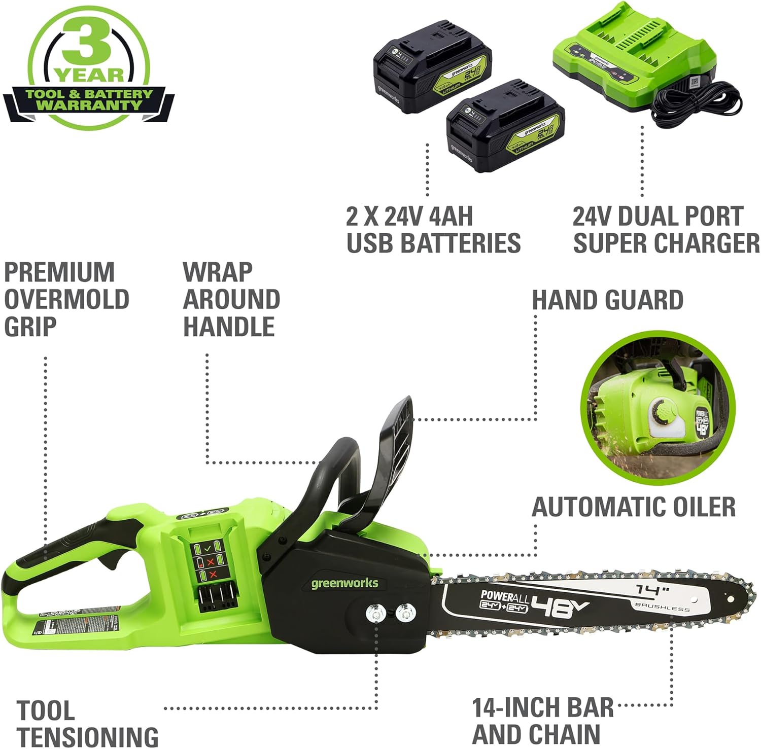Greenworks 48V (2 x 24V) 14" Brushless Cordless Chainsaw, (2) 4.0Ah Batteries and Dual Port Rapid Charger Included