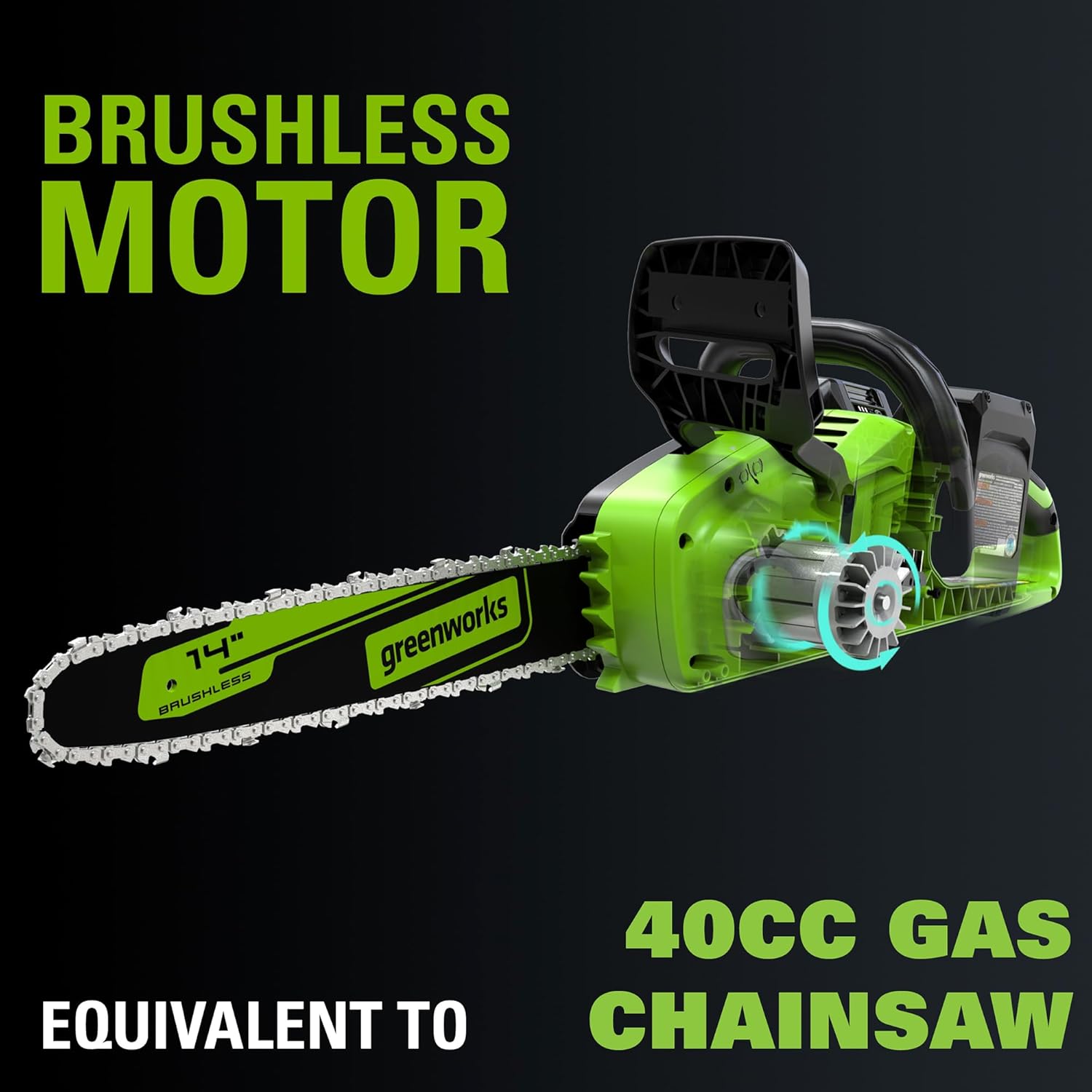 Greenworks 48V (2 x 24V) 14" Brushless Cordless Chainsaw, (2) 4.0Ah Batteries and Dual Port Rapid Charger Included