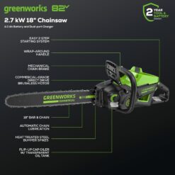 Greenworks 82V 18" Brushless (2.7 kW) Cordless Chainsaw (210 Cuts Per Charge), 4.0Ah Battery and Dual Port Rapid Charger