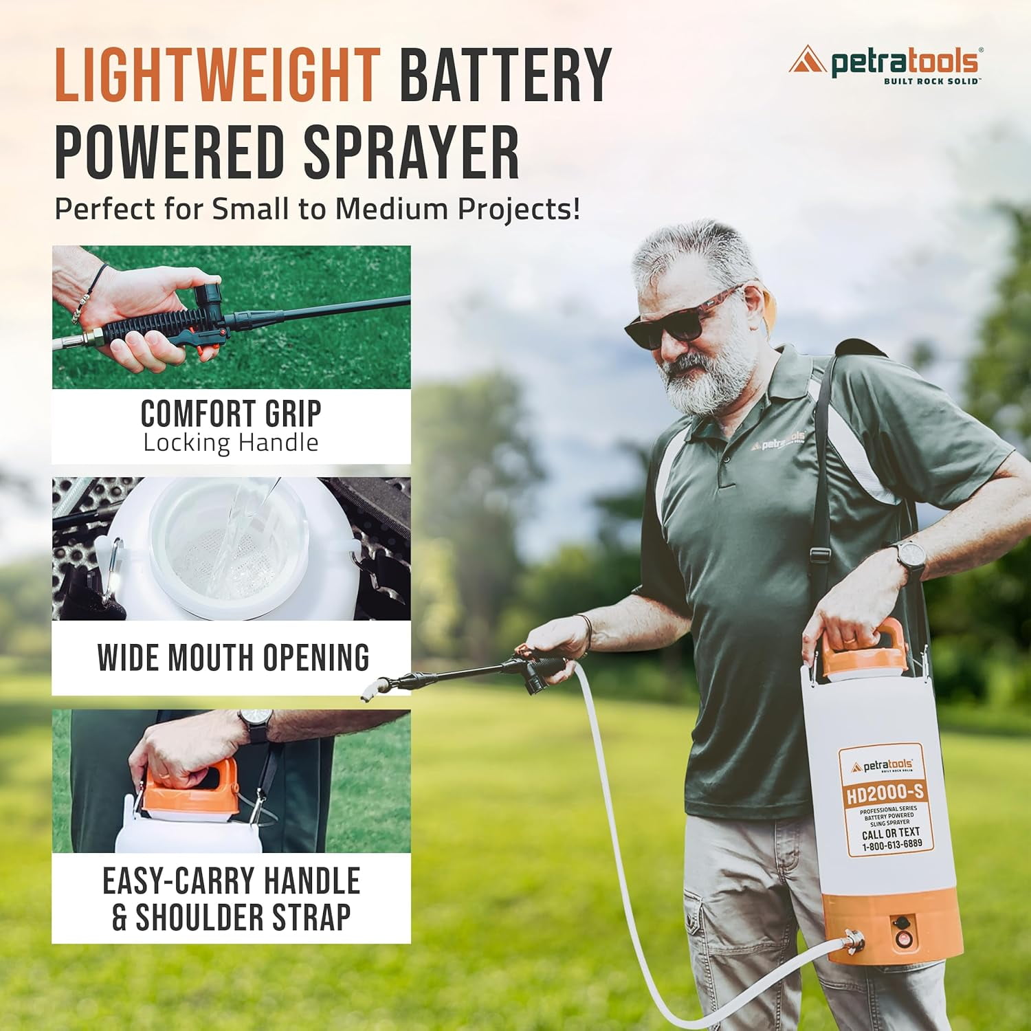 Petratools HD1000-S Rechargeable Electric Sprayer, 2-Gallon Pesticide Sprayer for Weed Control