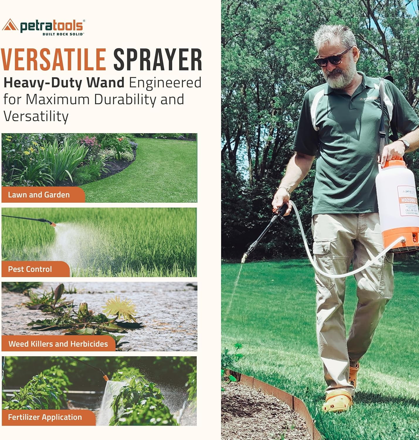 Petratools HD1000-S Rechargeable Electric Sprayer, 2-Gallon Pesticide Sprayer for Weed Control