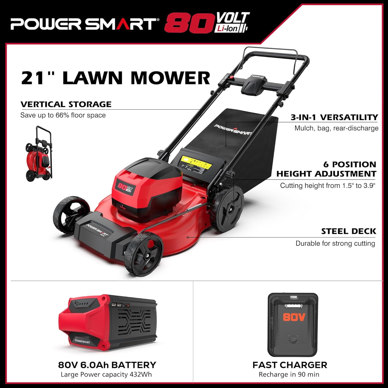 PowerSmart 3-in-1 21" 6A 80V Cordless Lawn Mower, Brushless Motor, 6 Position Height Adjustment