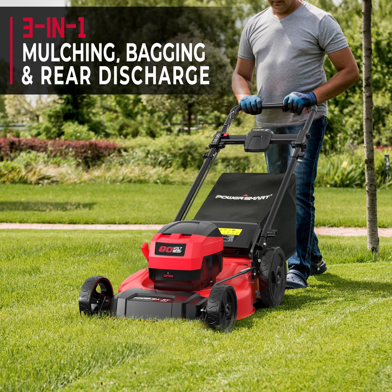PowerSmart 3-in-1 21" 6A 80V Cordless Lawn Mower, Brushless Motor, 6 Position Height Adjustment