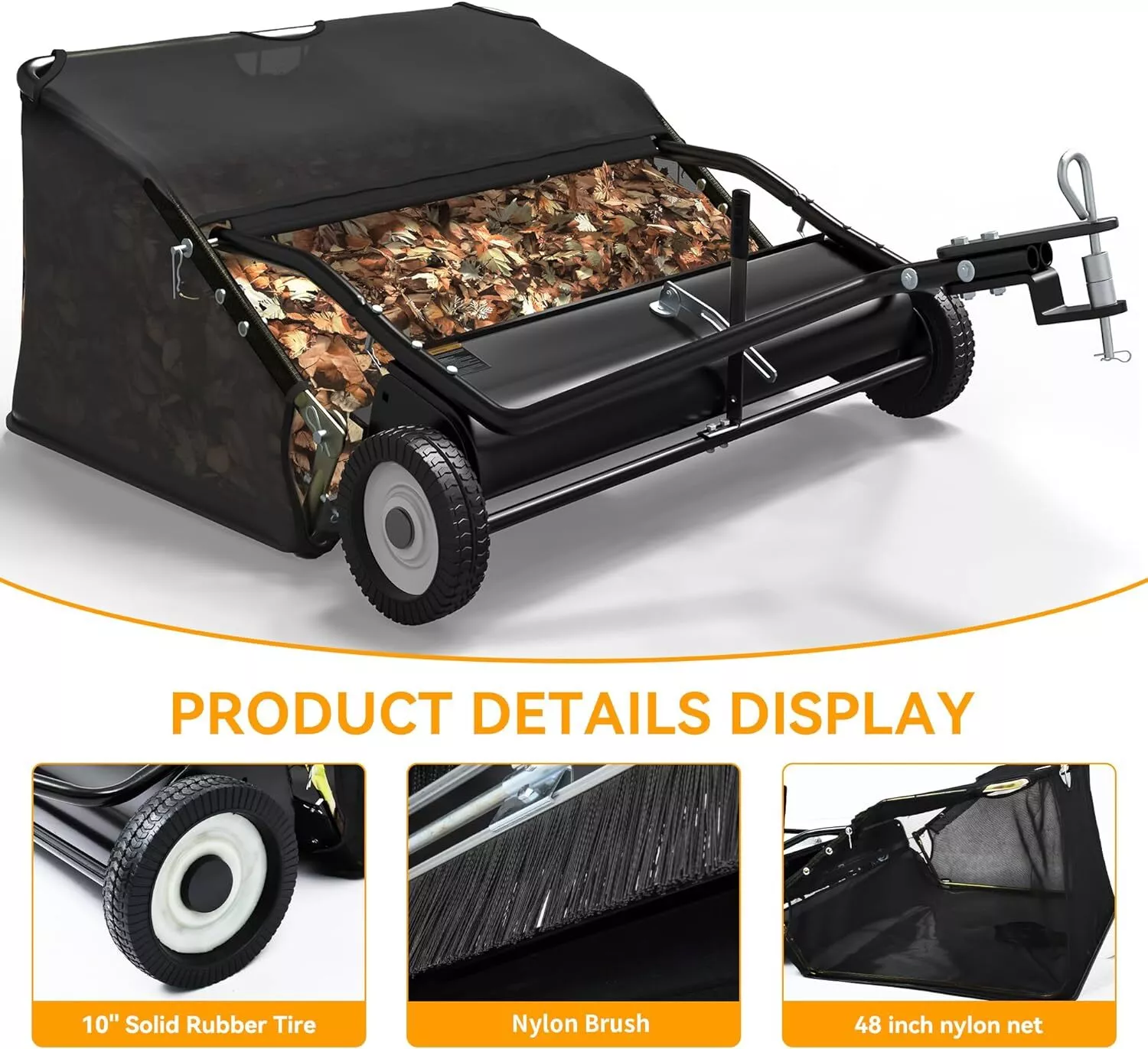 Dextrus 48" Tow Behind Lawn Sweeper Leaf Collector Sweeper for Lawn Grass Sweeper Hopper Garden