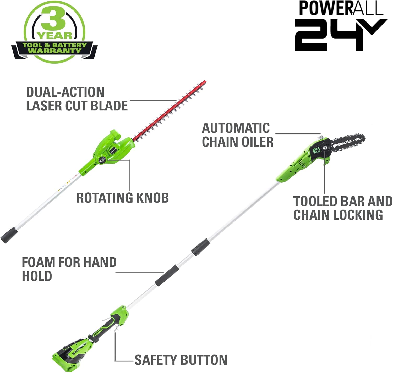 Greenworks 24V 8" Cordless Polesaw + 20" Pole Hedge Trimmer Combo, 2.0Ah Battery and Charger Included