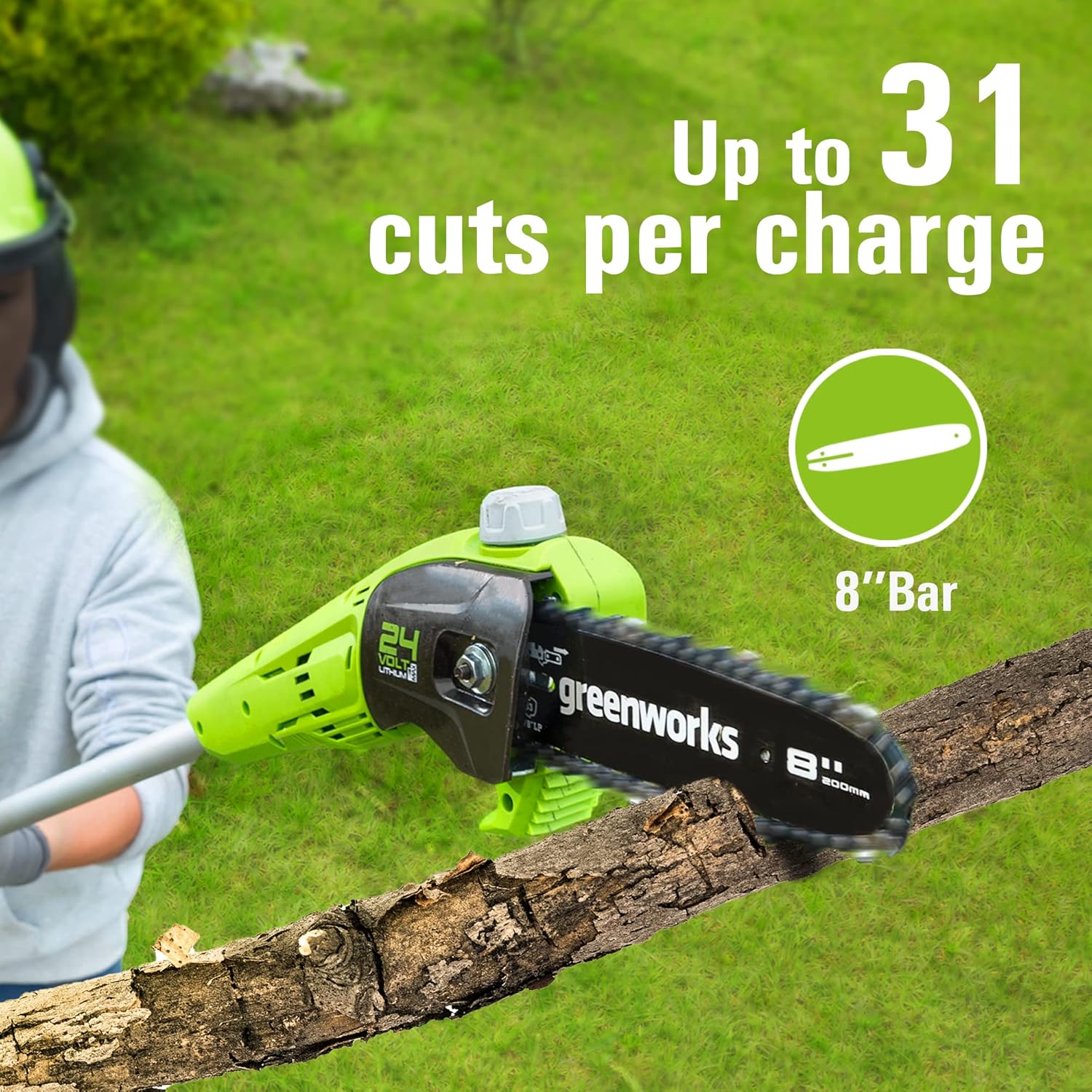 Greenworks 24V 8" Cordless Polesaw + 20" Pole Hedge Trimmer Combo, 2.0Ah Battery and Charger Included