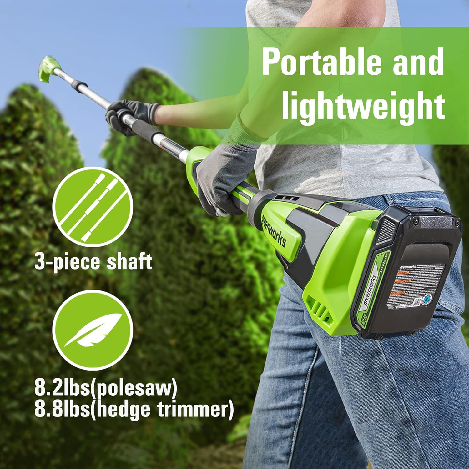 Greenworks 24V 8" Cordless Polesaw + 20" Pole Hedge Trimmer Combo, 2.0Ah Battery and Charger Included